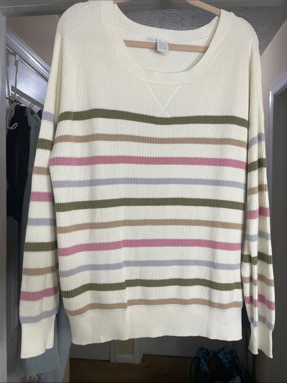 Design History Cream Striped Scoopneck Sweater with Olive, Pink & Taupe
